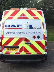 reflective safety graphics on the back of a van