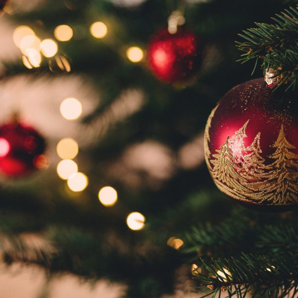 A Christmas celebration image featuring a tree with decorations